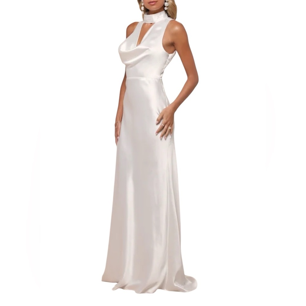 Lulus Gorgeous Vow White Satin Mock Neck Cowl Mermaid Maxi Dress - Picture 3 of 12
